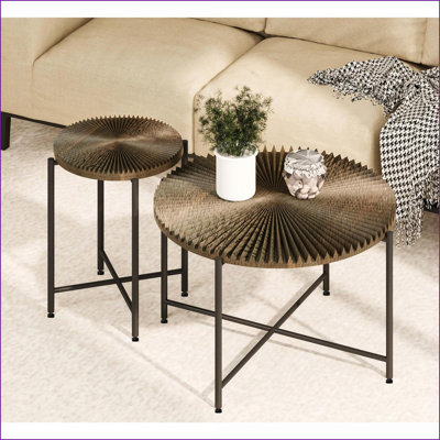 Dark Walnut Radial Coffee &amp; End Table Set, Durable MDF/PVC, Living Room Functional Style