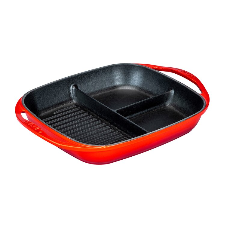 LAVA CAST IRON Lava Enameled Cast Iron Skillet 10 inch-3-Compartment Frying  Grill Pan Self Handled Rectangle