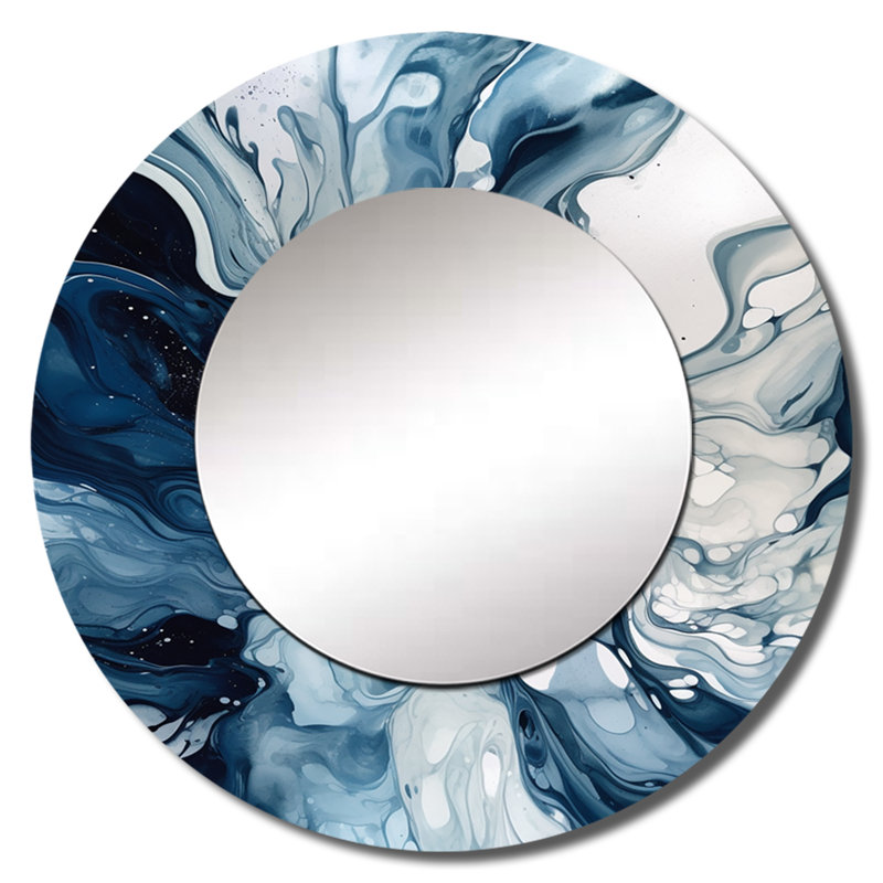 Sanavi Blue Grey Ethereal Elixir I - Abstract Decorative Mirror, Blue Round Wall Mirror, Printed Metal Art, 36" x 36"