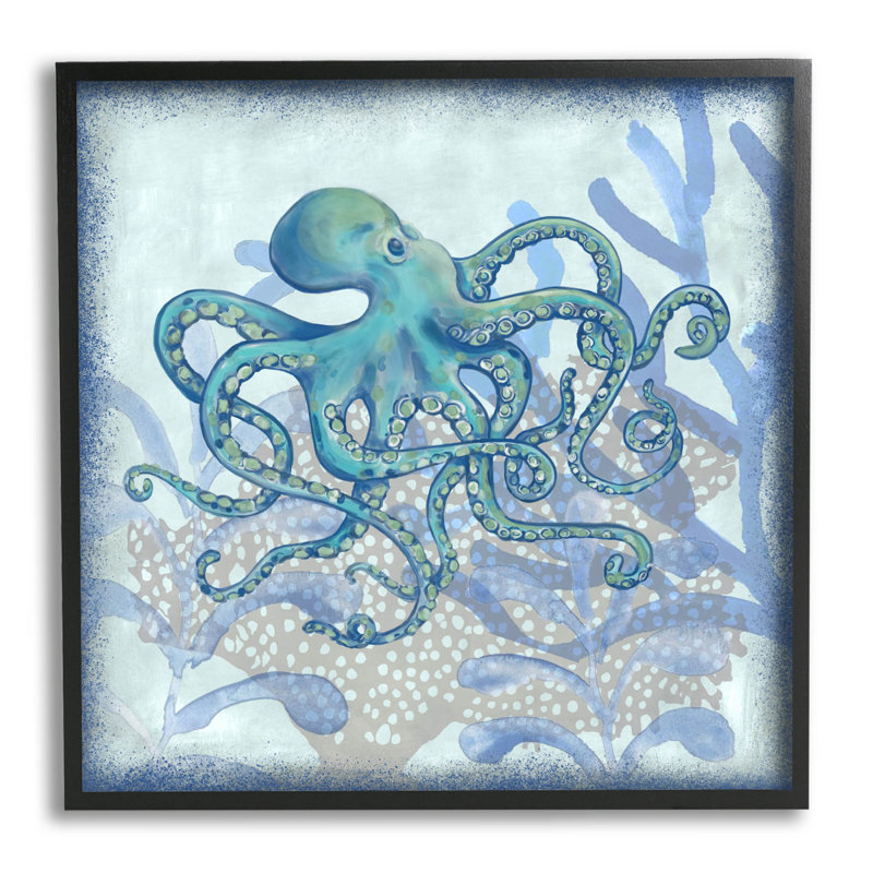 «Layered Octopus Coral Botanicals», art numérique par Erica Christopher, Giclée encadrée noir minuit