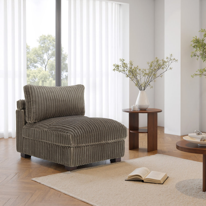 Upholstered Faux Rabbit Fur Flannel Armless Chair with Pillow Back, Single Chair Module Part For Sectional Sofa, Light Brown