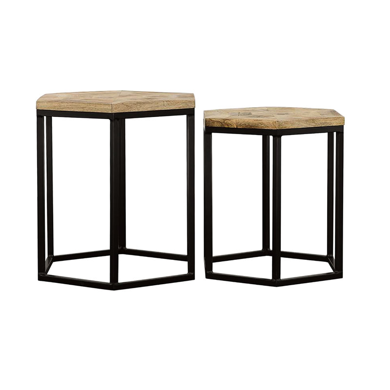 2 tables gigognes rustiques avec dessus en bois naturel et noir, pieds en épingle en métal pour le salon principal