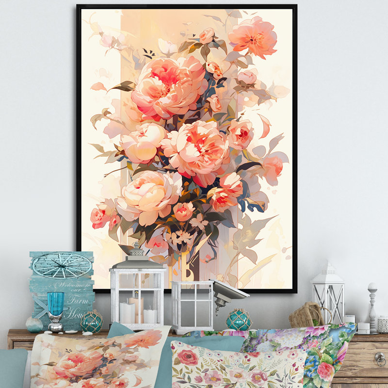 «Peony Whisperes Bouquet I», reproduction sur toile, Cadre flottant noir, H 20 po x l 12 po x P 1 po