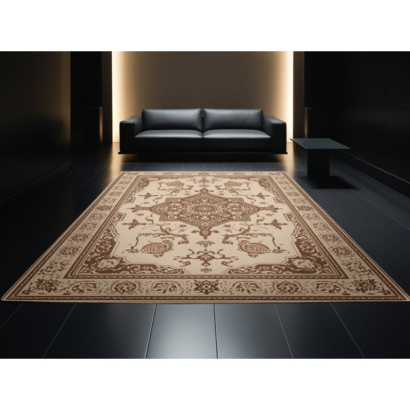 Tapis oriental doux et moelleux de style oriental à pile électrique en brun - reliure beige, 4 x 6