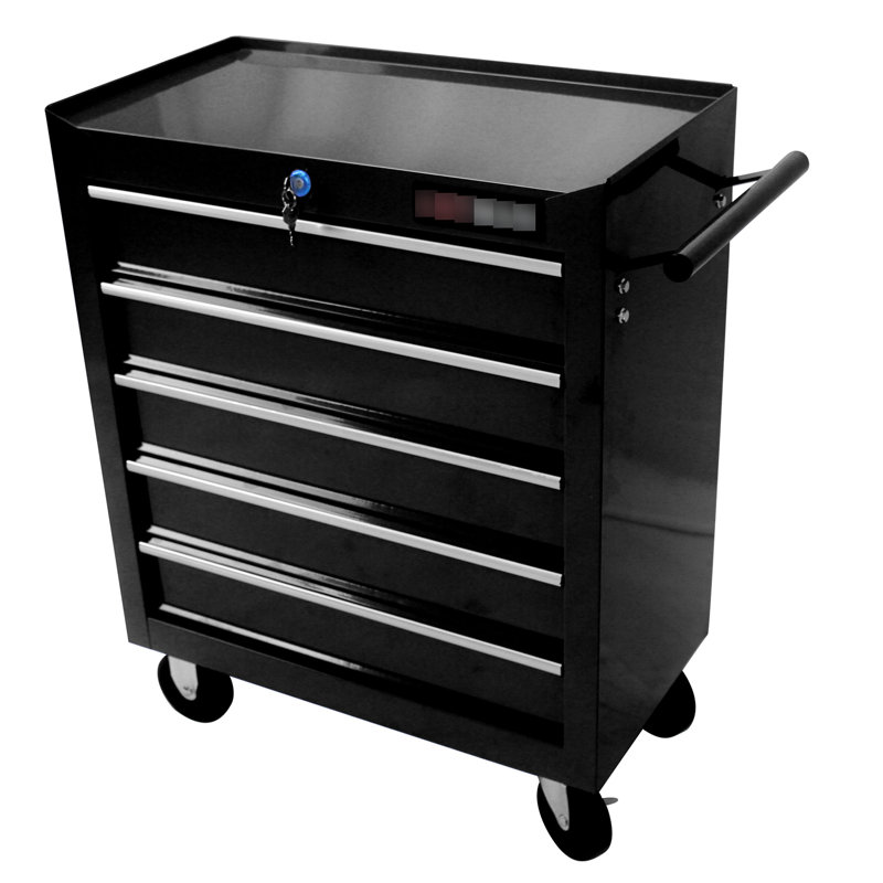 5 Drawer Tool Cabinet With Lock & 4 Wheels For Garage Tools Organization, Black, Black