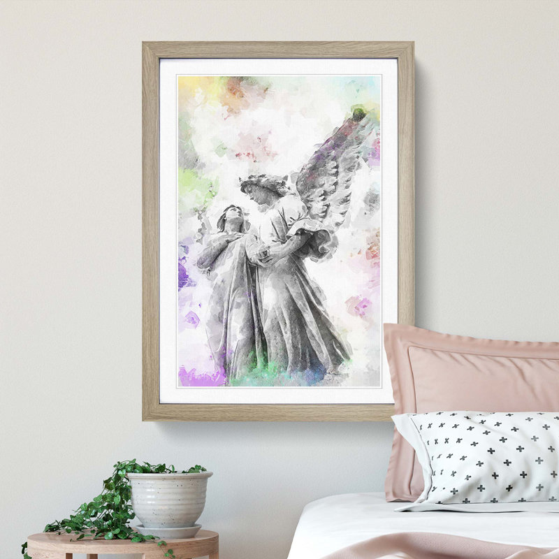 Angel Statue In Abstract - Single Picture Frame Painting, Oak Framed, 45cm H x 33cm W x 2cm D