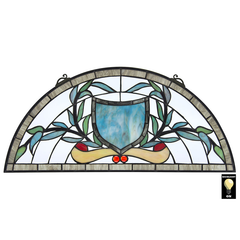 Sky Blue and Green Stained Glass Demi-Lune Window Panel