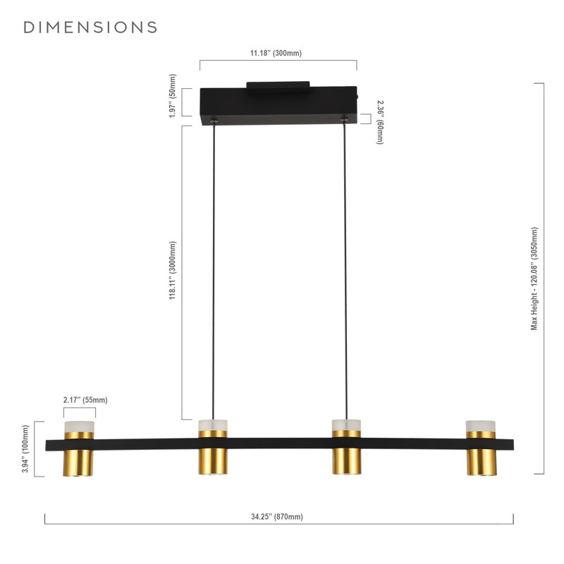 Ferro 34" Black Crystal LED Linear Chandelier with Gold Spotlights