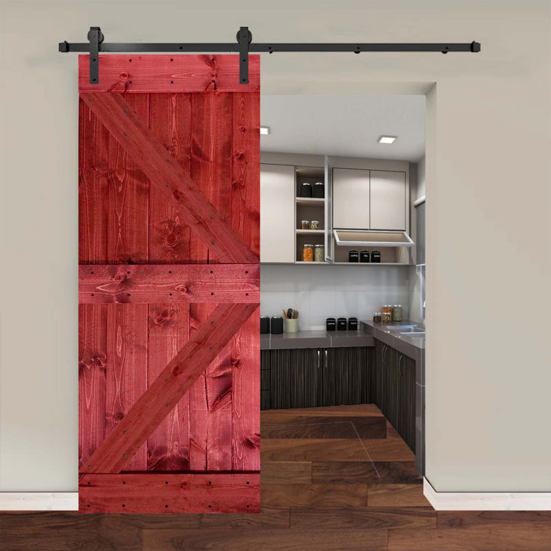 Ensemble de quincaillerie pour porte de grange simple en bois, Rouge cerise, 46 po x 84 po