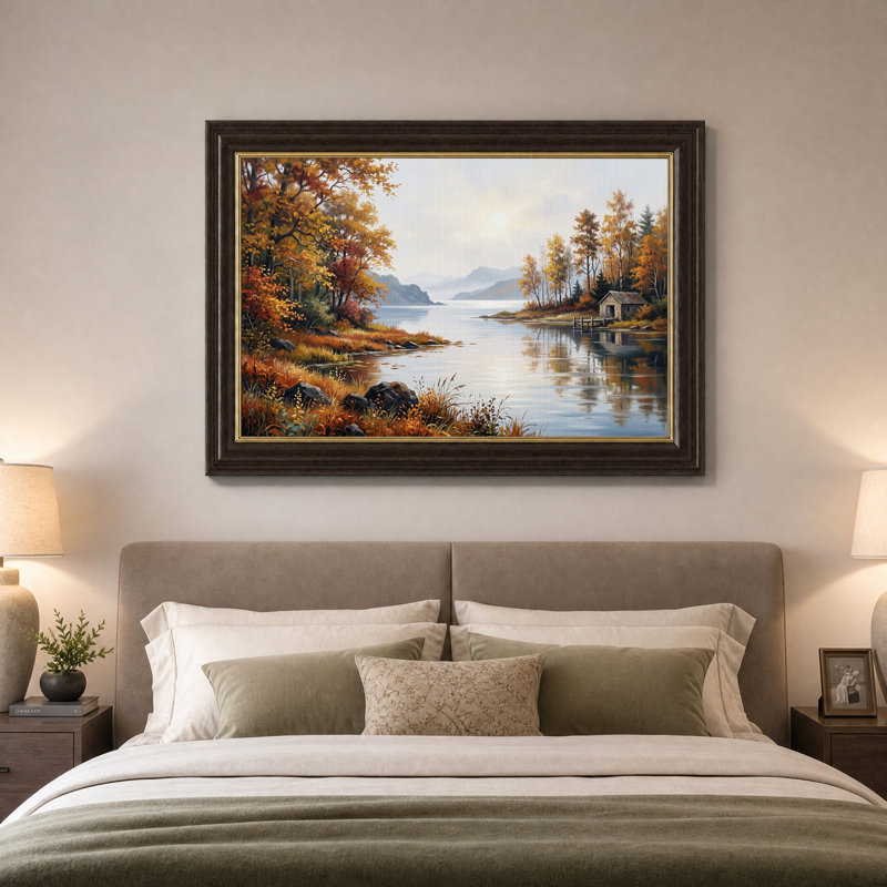 Tableau sur toile représentant des arbres d'automne, un lac et des montagnes, 16"H x 24"W