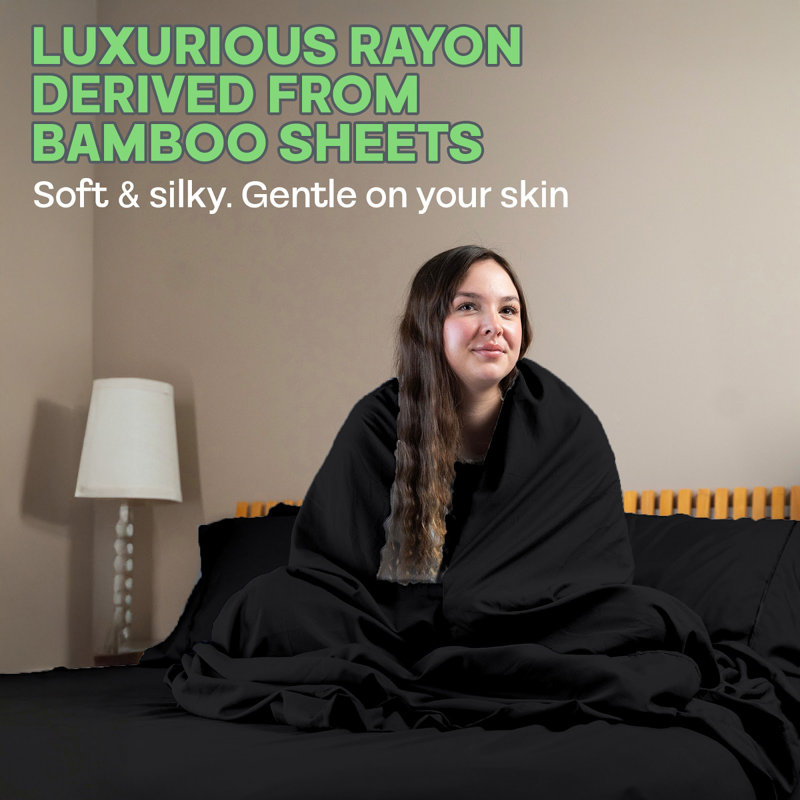 Premium Rayon From Bamboo Blend Sheet Set With Deep Pockets, Cooling and Breathable, Black
