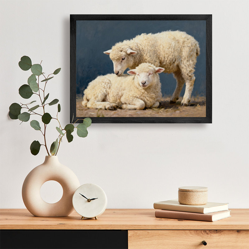 Reproduction d'art encadré noir, petit agneau mignon et douillet, style rétro, H 25 po x l 37 po