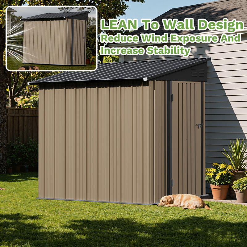 8x4 Ft Outdoor Storage Shed, Lean To Storage Shed, Garden Tool Metal Storagehouse With Lockable Door, 2 Air Vents And Sloped Roof For Backyard, Patio, Lawn, Brown