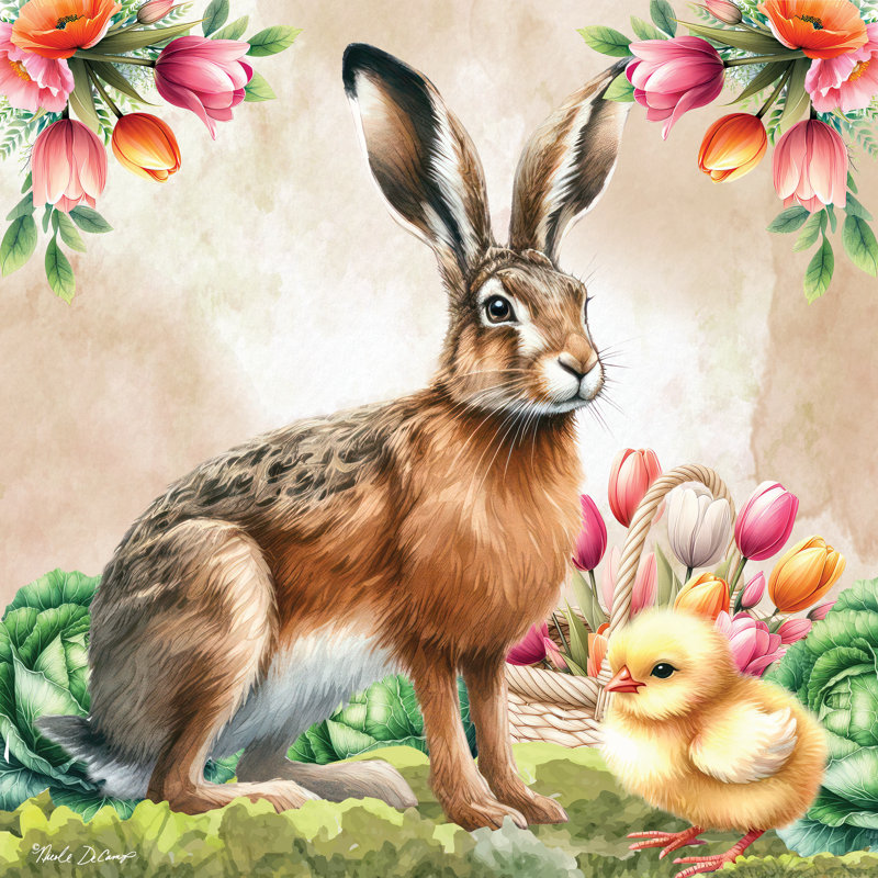 Lapin avec panier tulipe par Nicole DeCamp, H 30 po x l 30 po