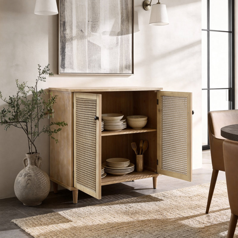 31.5"H 2 - Rattan Door Storage Accent Cabinet with Solid Wood Legs, Natural