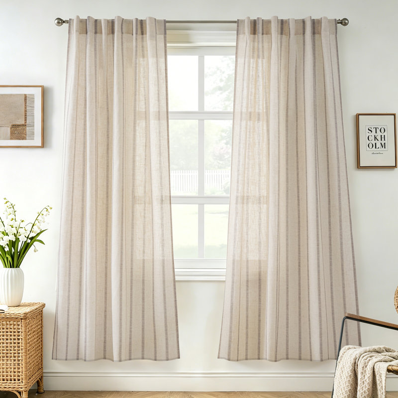 Farmhouse Striped Linen Blend Textured Light Filtering Semi Sheer Rod Pocket Back Tab Curtains, Grey, 52" W x 72" L