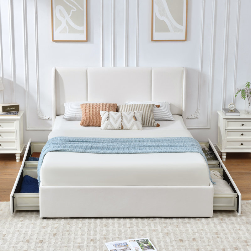 Lit plateforme tapissier avec 4 tiroirs Braya, très grand blanc, Très grand, Blanc