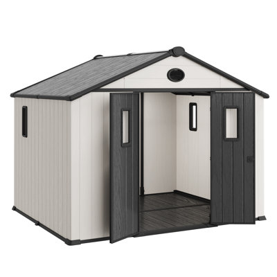 Remise de rangement extérieure 10X8FT, remise résistante aux intempéries avec portes verrouillables et plancher intégré, remise à outils en toit incliné pour le jardin et le patio