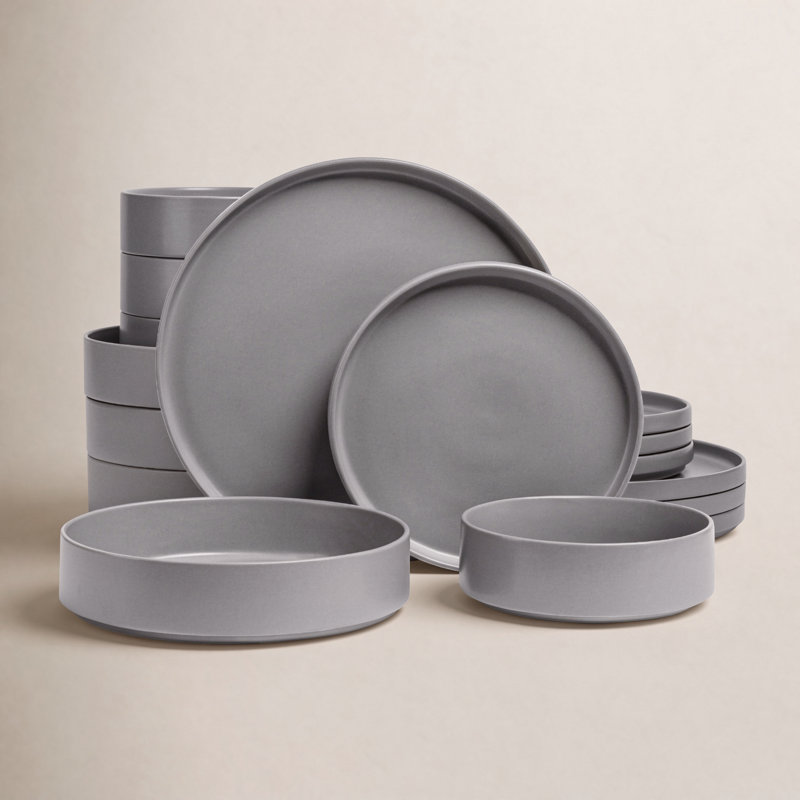 over&back Stackable 16-Piece Semi Hand-Finished Stoneware Dinnerware Set, Charcoal