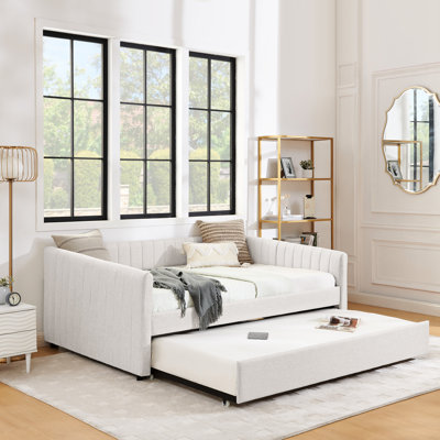 Lit double tapissier en lin beige avec lit gigogne, rayures verticales, accoudoirs ergonomiques et support pour le dos, pour plusieurs pièces Lit de jour Lit gigogne Grande salle familiale, chambre à coucher, offrant un soutien optimal