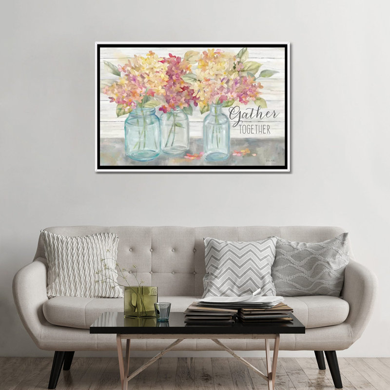 Reproduction d’art de style maison de campagne avec pots Mason-rassemblement par Cynthia Coulter, H 32 po x l 48 po x 1,5 po