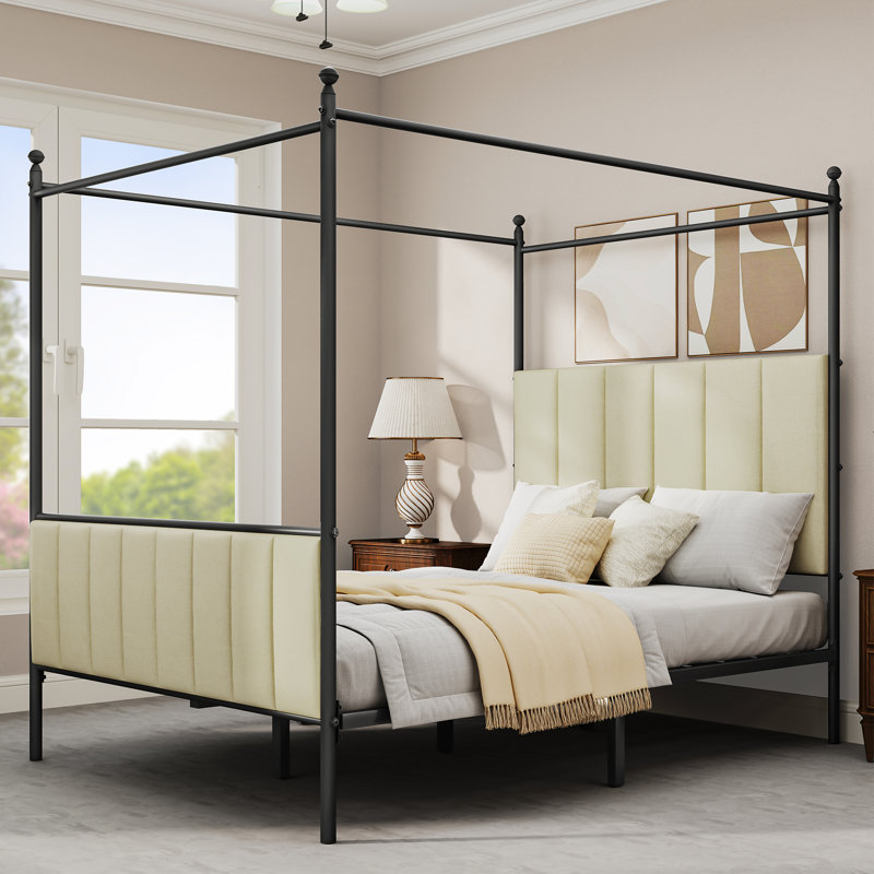 Upholstered Metal Canopy Bed, Beige, Queen
