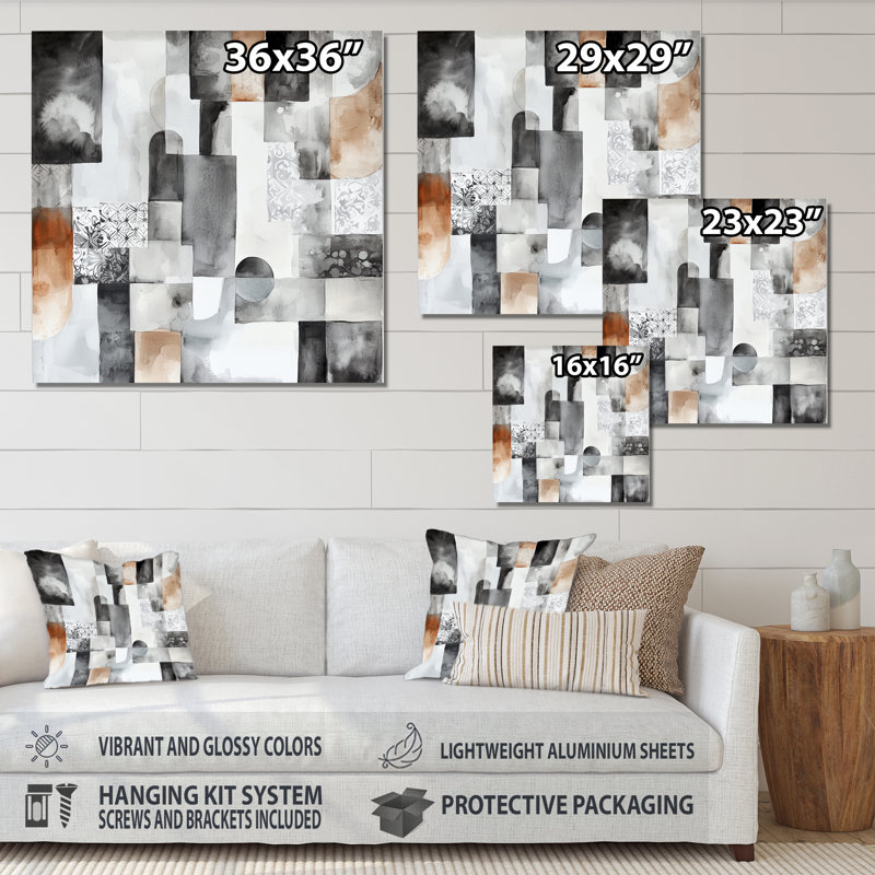 Gris et brun bohème mosaïque tons de terre I - décoration murale moderne en métal, impression moderne sur métal