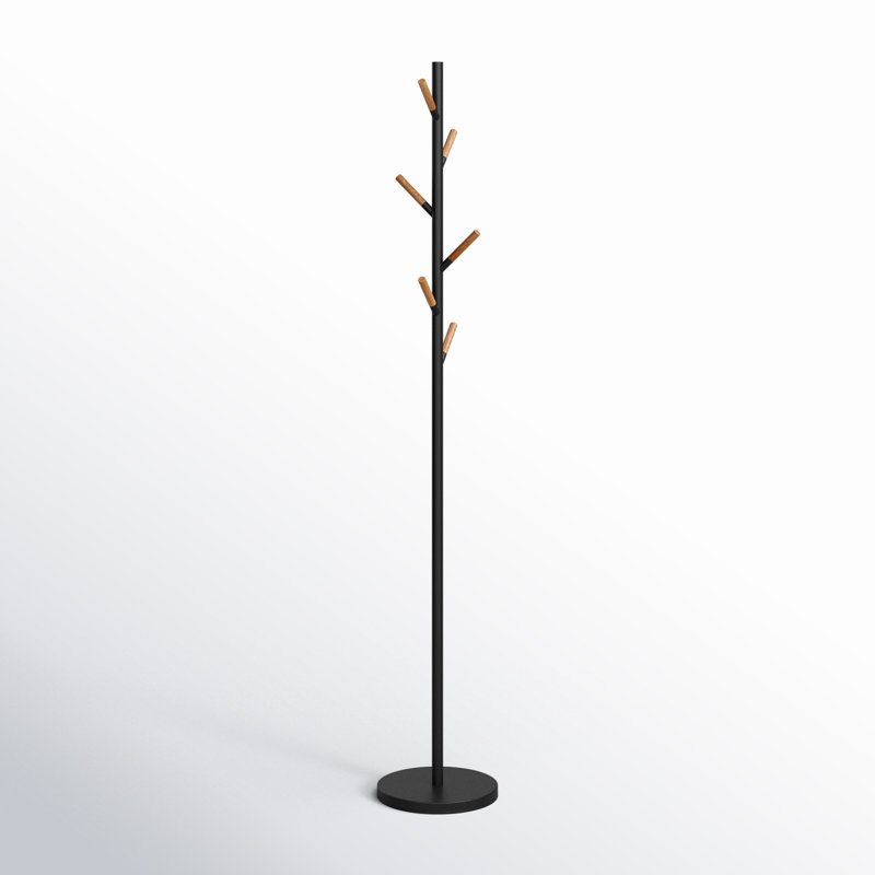 Sleek Yamazaki Black Freestanding Coat Rack with Wood-Tipped Hooks