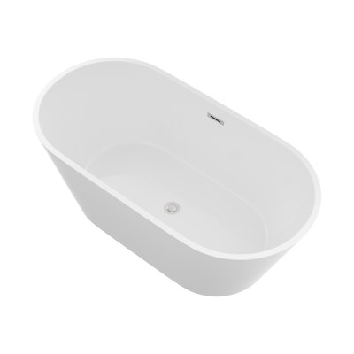 59"x29.5" Freestanding Acrylic Oval Shape Soaking Bathtub with Chrome Pop-up Drainer Glossy White Bath Tub with Chrome Overflow Drain