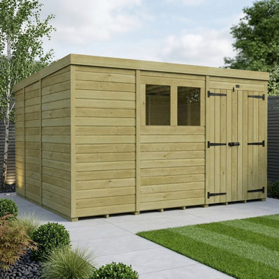 Total Sheds 11ft x 9ft Pent Garden Shed - Double Door - With Windows - Pressure Treated Timber - UK Manufactured