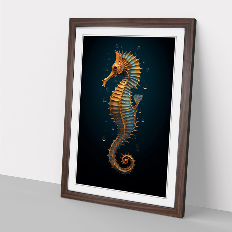 Seahorse Minimalism - Single Picture Frame Print on Wood, 46cm H x 34cm W x 2cm D, Walnut 