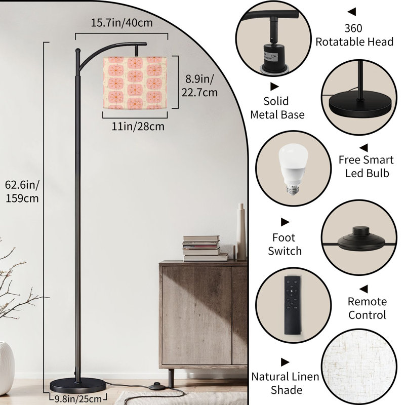  Arc Floor Lamp 50s Mid Century Modern Seamless Tall Modern Standing Lamp LED Adjustable Linen Lampshade 3 Color Temperatures