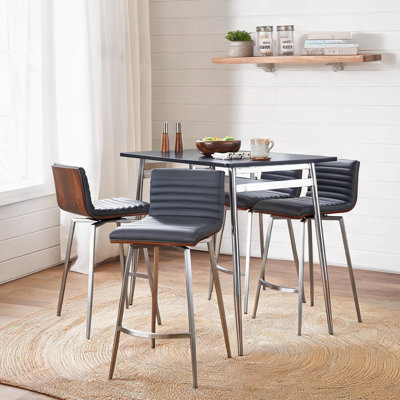 Ensemble de salle à manger 5 pièces à hauteur de comptoir avec tabourets pivotants, table rectangulaire en bois noir, base en métal chromé, sièges en similicuir gris ardoise, style contemporain