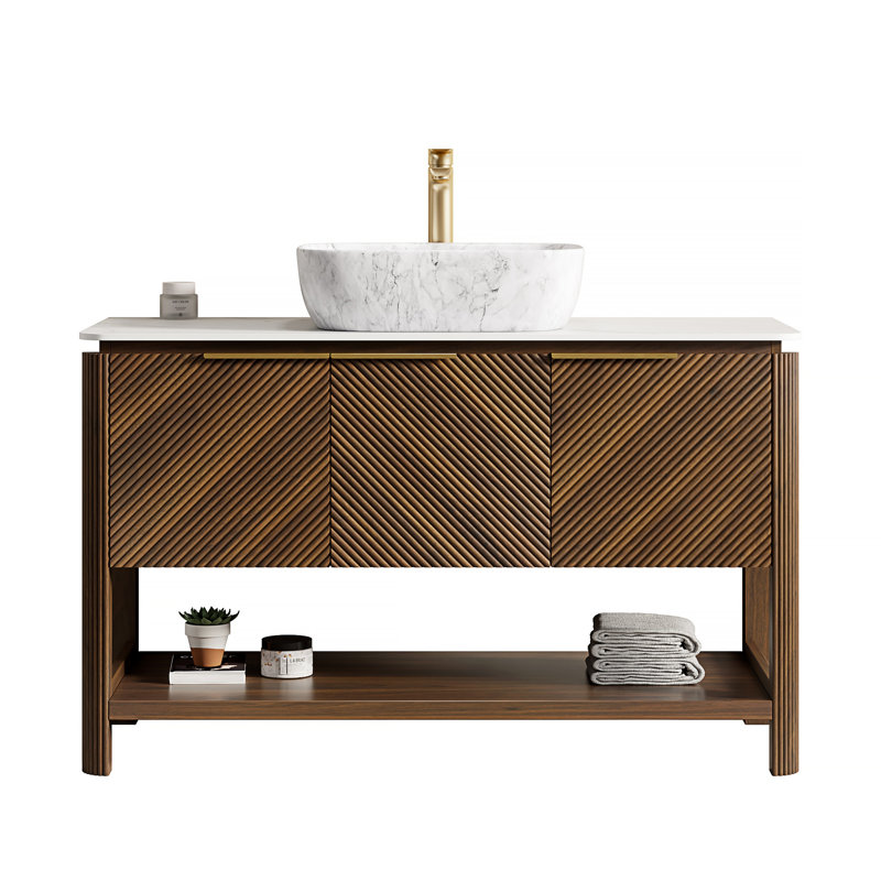 Bathroom Vanity&Sink, Freestanding Plywood Storage Cabinet With Diagonal Striped Doors&Open Shelf, Marble Pattern Ceramic Basin&Carrara White Sintered Stone Top, Dark Walnut Woodgrain
