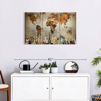 Ensemble de 3 pièces de carte du monde rouillé sur toile