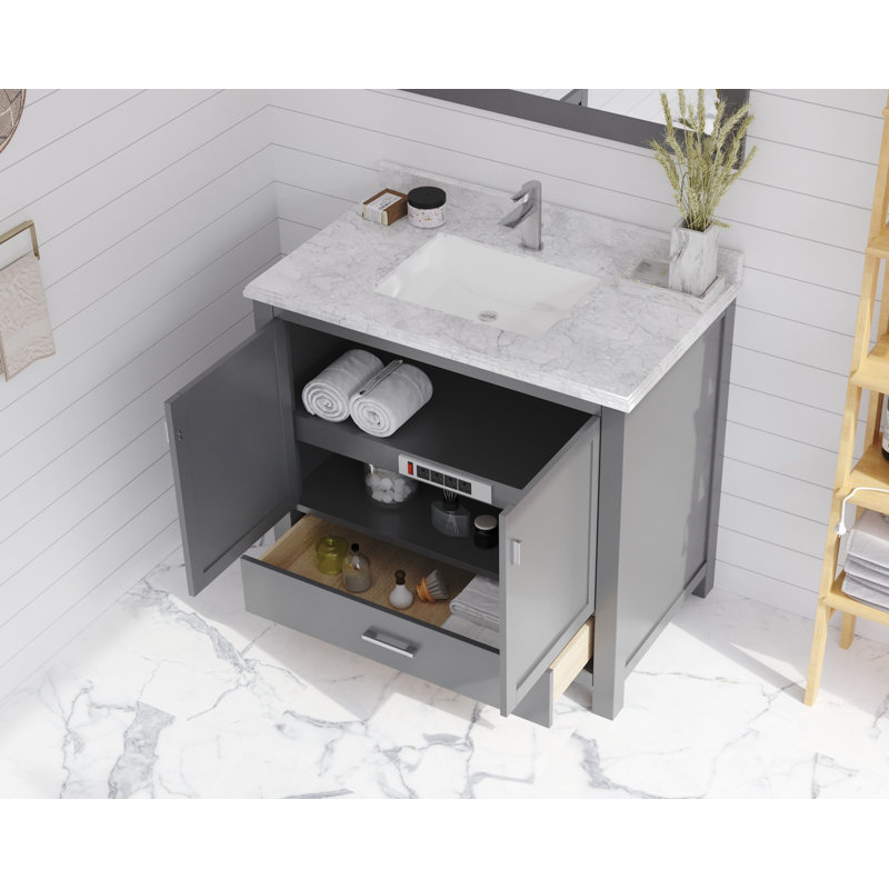Ensemble de meuble-lavabo de salle de bain simple 36 po Mariário, Gris, Marbre de Carrare blanc