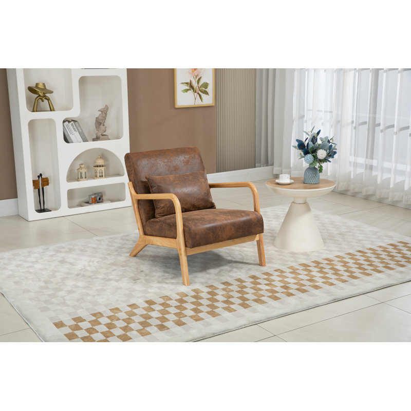 Chaise d'appoint Mid-Century moderne avec structure en bois, Tissu brun, Naturel