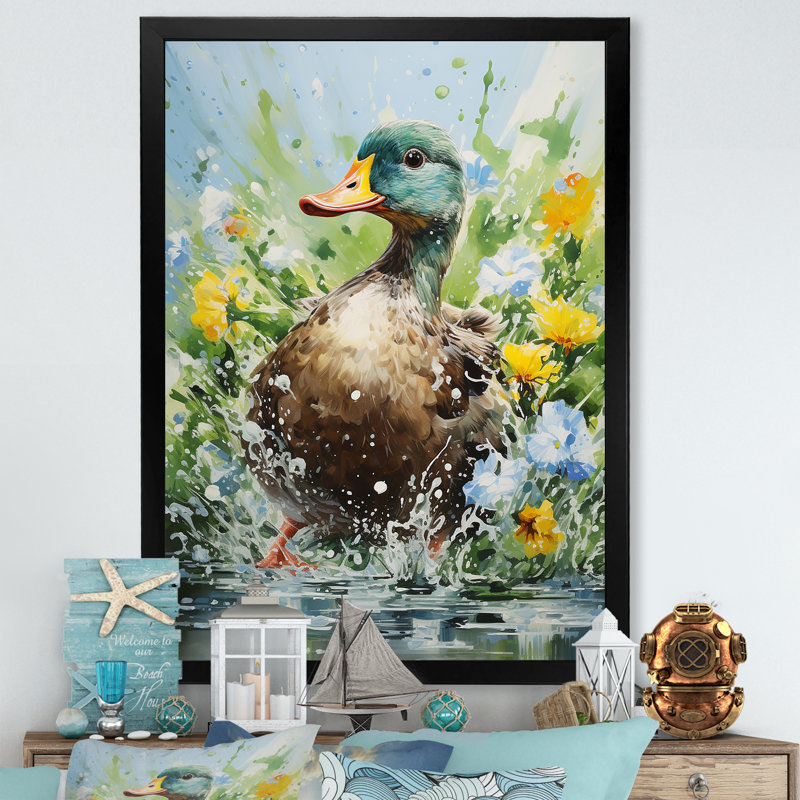 «Duck Springtime Splash Blooms», art mural canard, Cadre simple noir, H 20 po x l 12 po x P 1 po
