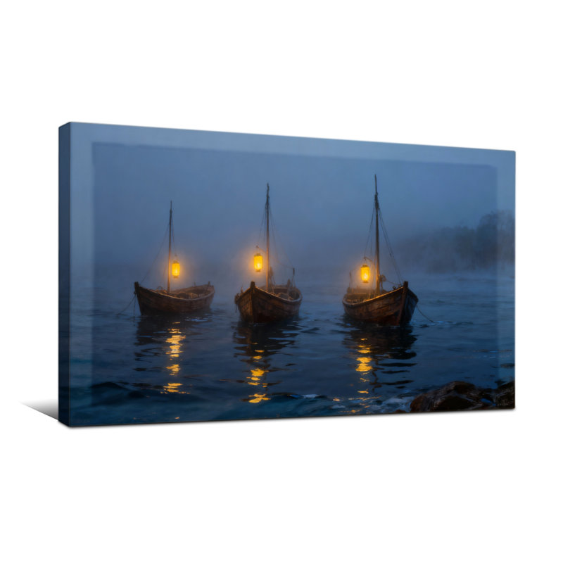 Bateaux nautiques et de plage flottant dans l'eau brumeuse avec des lumières, H 16 po x l 32 po