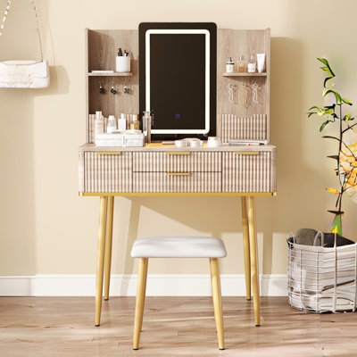 Coiffeuse à DEL avec 4 tiroirs, accents cannelés et poignées en métal, fabrication de meuble-lavabo à tiroirs de rangement jaune et brun, base de rangement dissimulée, base