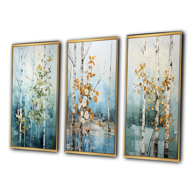 «Birch Woods Whispering Winds III», 3 pièces, Encadrement doré, H 40 po x l 60 po