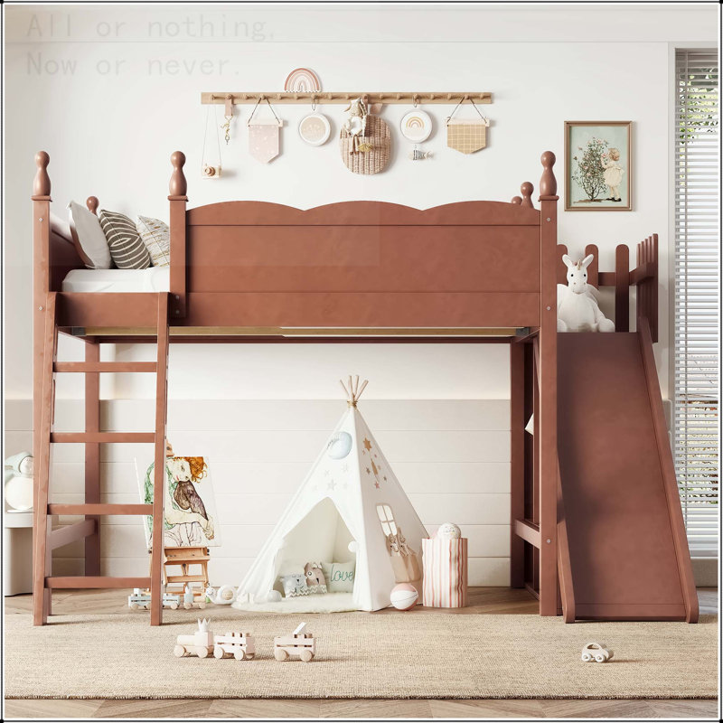 Grand lit mezzanine avec tablettes de rangement, garde-robe et glissade amovible, Grand lit, Beige