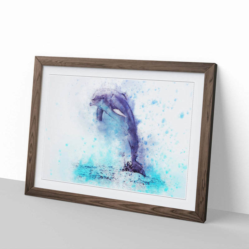 Jumping Dolphin in Abstract - Picture Frame Painting Print, Walnut Framed, 27cm H x 36cm W x 2cm D