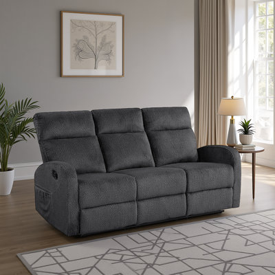 Morfudd 71" Modern & Contemporary Double Reclining Sofa with Microfiber Upholstery, Tab Pull Reclining, Magazine Pocket, Wall-Hugger Design
