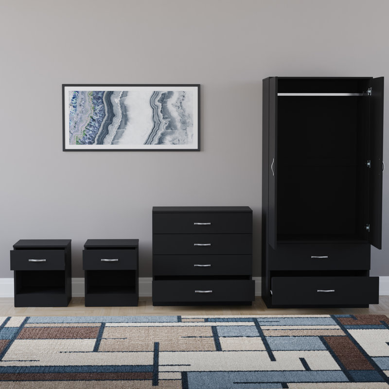 Tayce 4 Piece Bedroom Set (1 Drawer Bedside Chest X2, 4 Drawer Chest, 2 Door 2 Drawer Wardrobe), Black