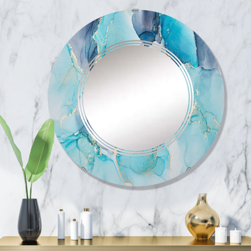 Turquoise et mauve, art abstrait fluide de luxe - miroir mural moderne rond, 32 po x 32 po