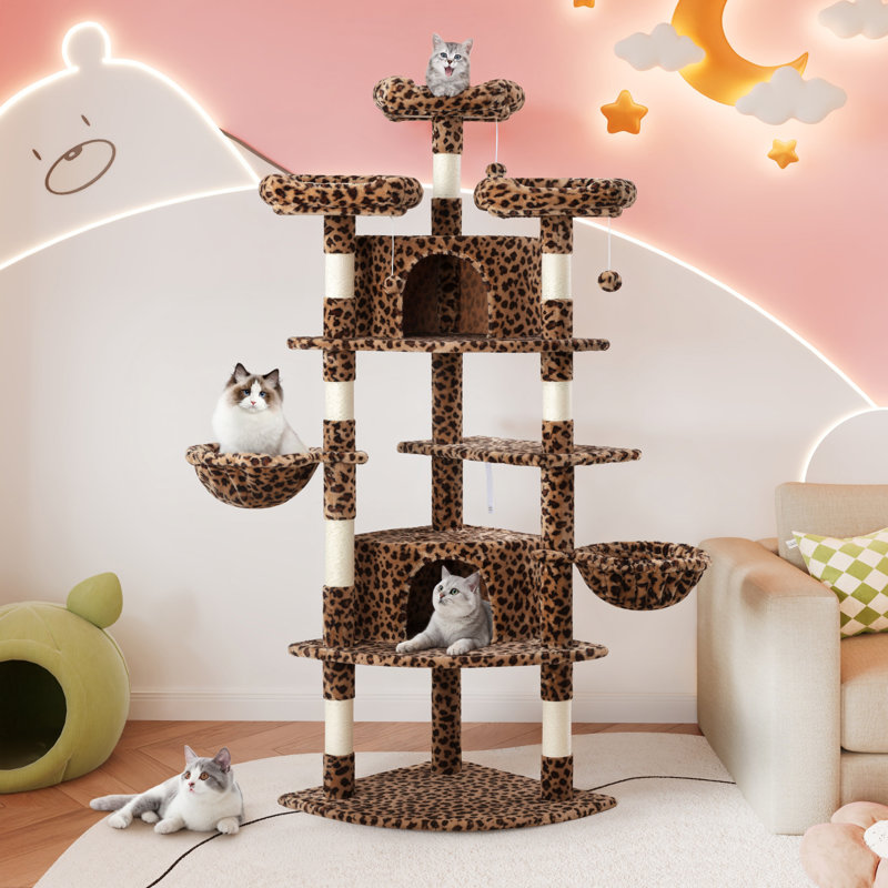 Arbre à chat de 74 po de hauteur, condos et plateformes inclus avec poteaux à griffer et panier, Brun