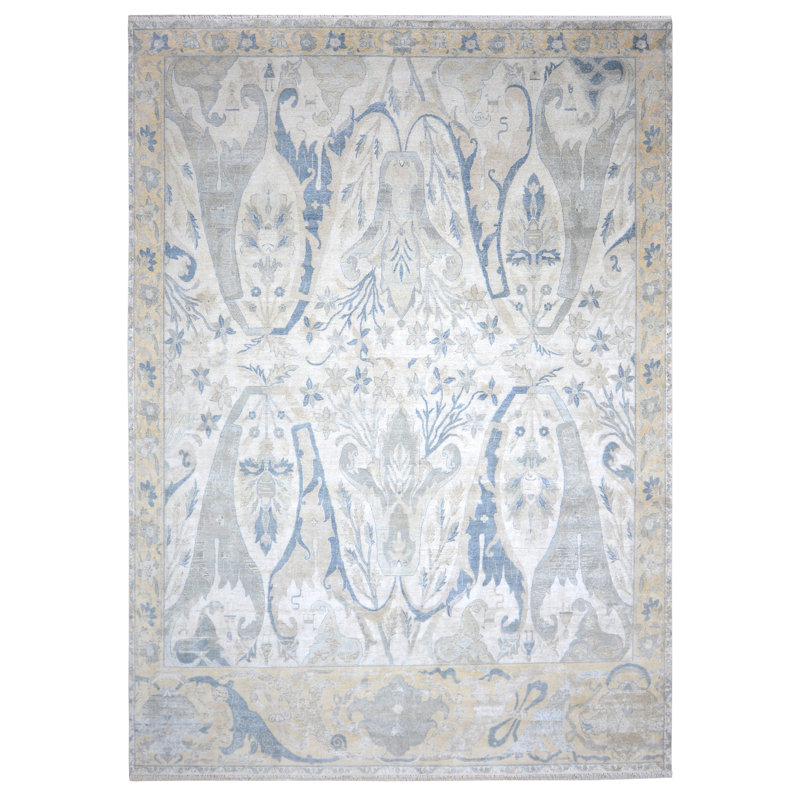 Handmade Silk and Wool Area Rug, White/Beige, Rectangle 8' x 10'