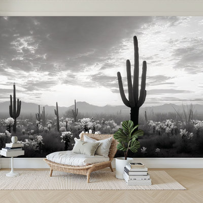 Peel and Stick Wallpaper 96" W x 69" H Modern Self Adhesive Wall Mural for Bedroom Saguaro Cactus Forest Desert Black and White Landscape