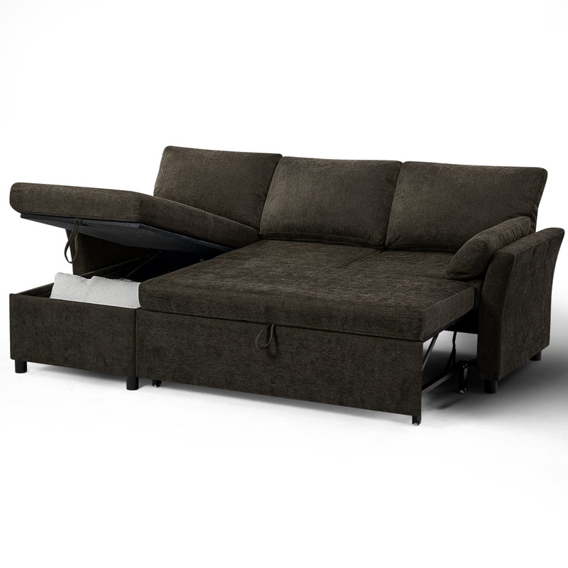 83" Chenille Pull Out Sofa Bed With Storage Chaise, Thicker And Soft Sleeper Sofa With Armrst Pillows For Living Room